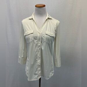 J. Mclaughlin Beige Polyester Blend Button Down Rib Sides 3/4 Sleeve Brynn Top M